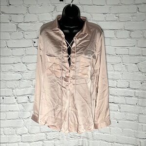 JODIFL Pink Ruched Tie Front Button Down Shirt